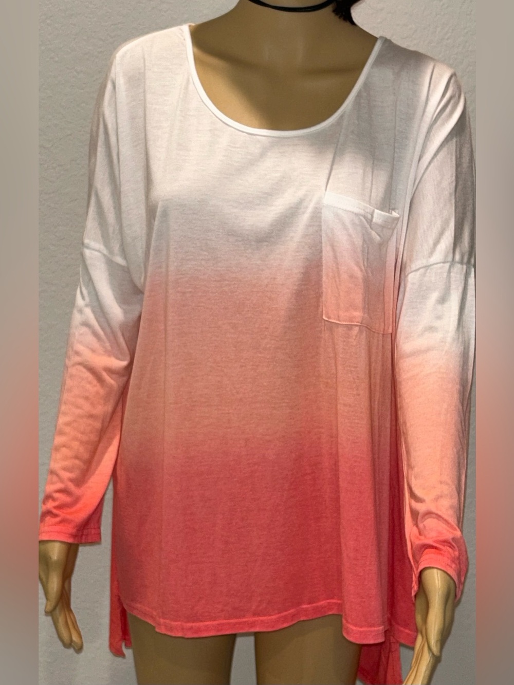 Lori & Mari White to Coral Ombre Long Sleeve Scoop Top